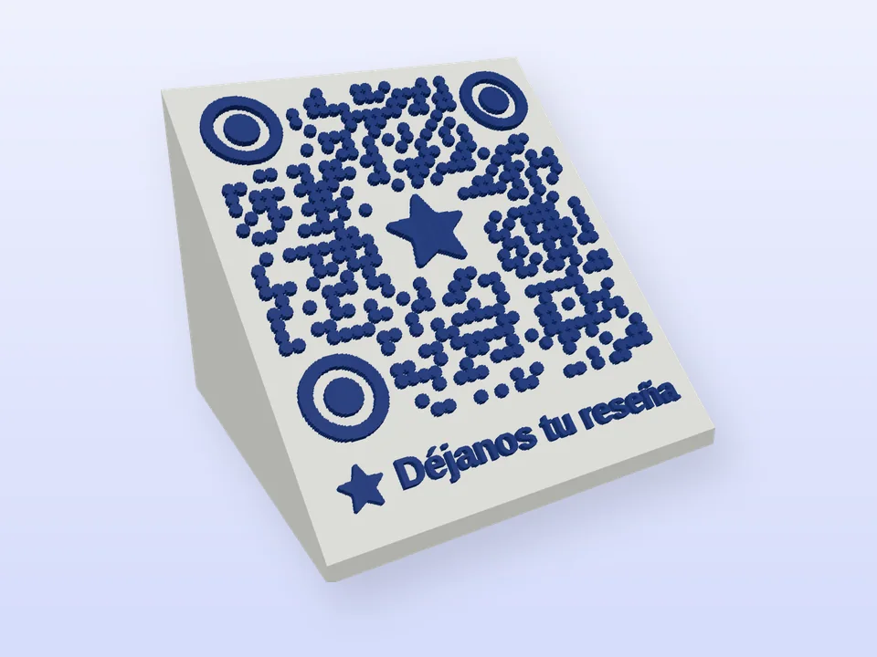 Soporte de mesa azul y blanco con QR de reseñas y una estrella en el centro